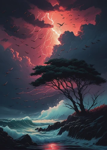 thunderstorm,sea storm,lightning storm,nature's wrath,fantasy landscape,dark beach,storm,world digital painting,tidal wave,thunderstorm mood,isolated tree,coast sunset,storm clouds,ocean,digital painting,dusk,coastal landscape,stormy sky,stormy sea,lightning,Conceptual Art,Fantasy,Fantasy 32