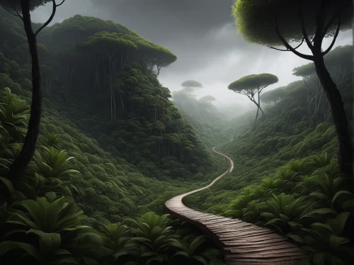 hiking path,forest path,tree top path,the mystical path,pathway,the path,wooden path,forest road,tree lined path,rain forest,rainforest,road of the impossible,green forest,forest landscape,the way of nature,fantasy landscape,path,ravine,world digital painting,tropical and subtropical coniferous forests,Illustration,Realistic Fantasy,Realistic Fantasy 17