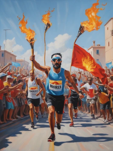torch-bearer,marathon,olympic flame,ultramarathon,runners,long-distance running,catalonia,middle-distance running,finish line,racewalking,runner,eritrea,olympic summer games,half-marathon,oil painting on canvas,feathered race,flagman,flamiche,olympic torch,malta,Illustration,Realistic Fantasy,Realistic Fantasy 24