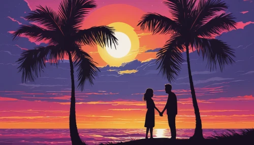 vintage couple silhouette,couple silhouette,palm silhouettes,loving couple sunrise,silhouette art,palm tree silhouette,palmtrees,travel poster,two palms,romantic scene,honeymoon,sunset,palm trees,dream beach,palm tree vector,palms,tropics,sunset beach,romantic night,coconut trees,Conceptual Art,Daily,Daily 02