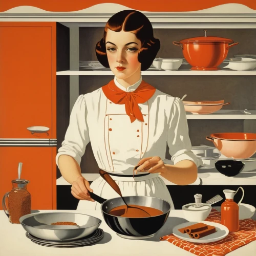 girl in the kitchen,vintage kitchen,woman holding pie,cookware and bakeware,red cooking,kitchenware,housewife,cooking book cover,homemaker,cookery,domestic,1940 women,food and cooking,food preparation,vintage illustration,domestic life,vintage dishes,tureen,kitchen work,confectioner,Illustration,Retro,Retro 15