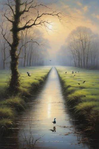 dutch landscape,flooded pathway,andreas cross,migratory birds,brook landscape,bird migration,rural landscape,polder,river landscape,foggy landscape,pathway,tidal marsh,nature landscape,landscape background,meadow landscape,landscape nature,the mystical path,oil painting on canvas,alligator alley,winter landscape,Conceptual Art,Fantasy,Fantasy 29