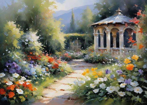 pergola,flower painting,cottage garden,flower garden,splendor of flowers,gazebo,conservatory,gardens,floral corner,wishing well,english garden,in the garden,garden flowers,flower booth,flower boxes,church painting,towards the garden,flower stand,home landscape,watercolor background,Conceptual Art,Oil color,Oil Color 03