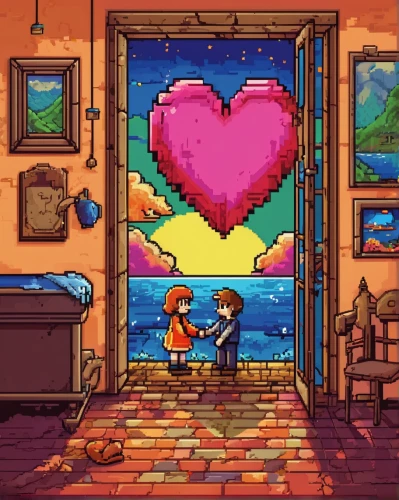 colorful heart,romantic scene,pixel art,painted hearts,romantic meeting,wood heart,retro frame,valentine's day décor,heart in hand,heart background,valentines day background,loving couple sunrise,romantic,bird couple,neon valentine hearts,heart lock,romantic night,straw hearts,birds with heart,dandelion hall,Unique,Pixel,Pixel 05