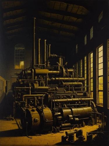 steam locomotives,boilermaker,tank cars,locomotives,steam power,the boiler room,machinery,steel mill,steam engine,locomotive roundhouse,electric locomotives,heavy water factory,gas compressor,crankshaft,combined heat and power plant,diesel locomotives,ghost locomotive,industrial landscape,steam locomotive,yellow machinery,Art,Artistic Painting,Artistic Painting 30