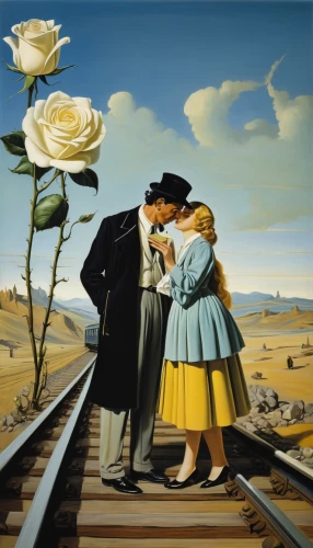 way of the roses,yellow rose on rail,vintage man and woman,blue rose near rail,the girl at the station,young couple,romantic scene,man and woman,railway crossing,railroad,white rose on rail,courtship,as a couple,vintage boy and girl,railroad engineer,railroad crossing,man and wife,vintage art,culture rose,old country roses,Art,Artistic Painting,Artistic Painting 20