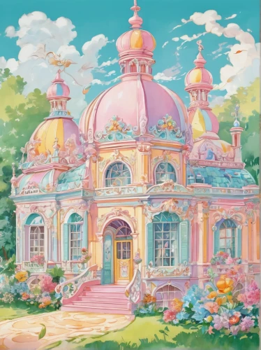 dandelion hall,church painting,soft pastel,tearoom,fairy tale castle,baroque,rococo,flower garden,springtime background,fairy world,marble palace,flower dome,palace,camellias,pastel,secret garden of venus,treasure hall,musical dome,bird kingdom,studio ghibli,Conceptual Art,Fantasy,Fantasy 24