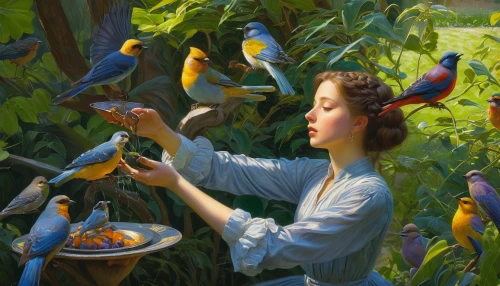 feeding birds,bird feeding,feeding the birds,songbirds,food for the birds,golden parakeets,parrots,bird food,tropical birds,garden birds,passerine parrots,blue birds and blossom,parakeets,birds love,wild birds,perching birds,the birds,meticulous painting,han thom,ornithology,Illustration,Realistic Fantasy,Realistic Fantasy 03