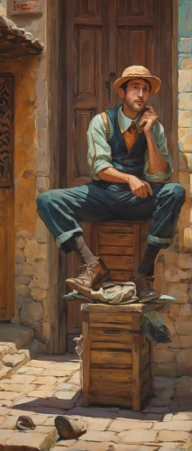 man with a computer,merchant,shoemaker,painting technique,nomad,nomad life,a carpenter,american frontier,men sitting,western,pilgrim,vendor,blacksmith,game illustration,meticulous painting,artist portrait,peddler,cavaquinho,male poses for drawing,craftsman,Conceptual Art,Fantasy,Fantasy 15