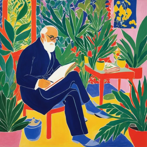 work in the garden,persian poet,gardener,man on a bench,majorelle blue,man with a computer,braque francais,elderly man,book illustration,gardening,self-portrait,psychoanalysis,garden of plants,botanical frame,houseplant,hand-drawn illustration,artist portrait,house plants,reading,bach flower therapy,Art,Artistic Painting,Artistic Painting 40