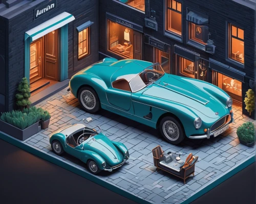 car boutique,automobile repair shop,porsche 550,jaguar c-type,car salon,ac cobra,porsche 356,volkswagen beetle,classic cars,garage,auto repair shop,mercedes benz 190 sl,mercedes-benz 190 sl,mercedes-benz 190sl,mercedes 190 sl,vintage cars,jaguar xk150,car showroom,vw beetle,ss jaguar 100,Unique,3D,Isometric