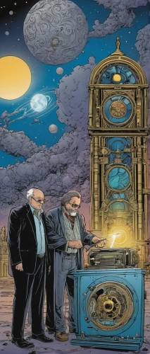 grandfather clock,clockmaker,time machine,time traveler,dr. manhattan,copernican world system,astronomical clock,background image,astronomers,time and money,the eleventh hour,tardis,albert einstein and niels bohr,time travel,planetarium,orrery,watchmaker,panopticon,four o'clocks,contemporary witnesses,Illustration,American Style,American Style 03