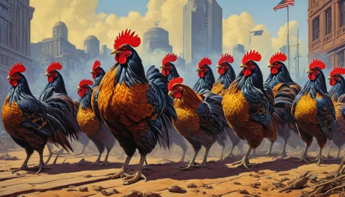 flock of chickens,red hen,cockerel,roosters,feathered race,rooster,redcock,chicken farm,chickens,chicken yard,chicken run,landfowl,vintage rooster,poultry,flock home,bantam,free range,turkeys,flock,seven citizens of the country,Illustration,Retro,Retro 14