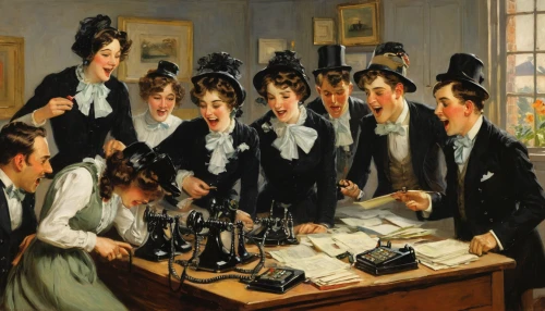 children studying,school children,seven citizens of the country,the long-hair cutter,telephone operator,shakers,receptionists,the victorian era,young women,group of people,xix century,salon,the conference,optician,meticulous painting,hairdressers,class room,beauty salon,women in technology,contemporary witnesses,Art,Classical Oil Painting,Classical Oil Painting 15