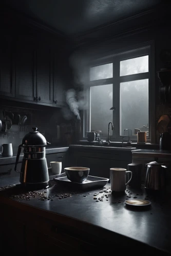 dark cabinetry,dark cabinets,coffee pot,visual effect lighting,the kitchen,kitchen,coffee maker,coffeemaker,kitchen fire,morning light,digital compositing,3d render,morning illusion,kitchen counter,kitchen interior,dark mood food,stove top,girl in the kitchen,stovetop kettle,vintage kitchen,Conceptual Art,Sci-Fi,Sci-Fi 25