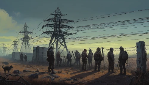 post-apocalyptic landscape,wasteland,post apocalyptic,electricity pylons,post-apocalypse,pylons,human settlement,telephone poles,electrical grid,sci fiction illustration,dystopian,ghost forest,travelers,transmission tower,suburb,industrial landscape,swampy landscape,futuristic landscape,barren,anthill,Illustration,Realistic Fantasy,Realistic Fantasy 05