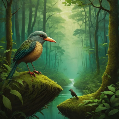 bird painting,bird illustration,nature bird,forest background,bird kingdom,bird bird kingdom,world digital painting,ivory-billed woodpecker,tropical bird,tropical birds,flower and bird illustration,forest landscape,game illustration,digital painting,wild bird,fantasy picture,ornithology,landscape background,migratory bird,forest fish,Illustration,Abstract Fantasy,Abstract Fantasy 17