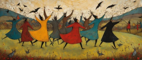 songbirds,carol colman,flock of birds,birds singing,procession,bird migration,carol m highsmith,migration,pentecost,birds in flight,flock home,the birds,murder of crows,celebration of witches,dancers,birds on branch,group of birds,scarecrows,blackbirds,the pied piper of hamelin,Art,Artistic Painting,Artistic Painting 49