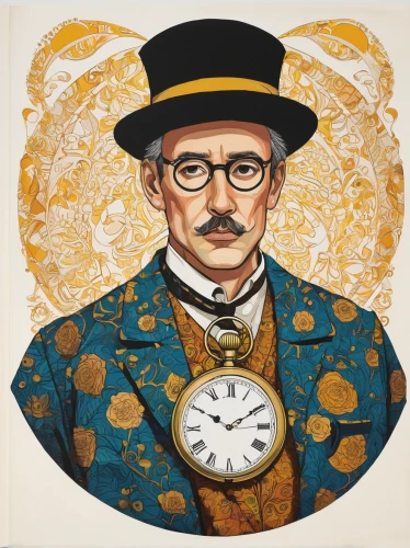 clockmaker,watchmaker,pocket watch,grandfather clock,ornate pocket watch,clockwork,ringmaster,steampunk,pocket watches,vincent van gough,chronometer,clock face,barometer,four o'clocks,groucho marx,art nouveau frames,portrait background,art nouveau frame,cd cover,time traveler,Illustration,Japanese style,Japanese Style 16