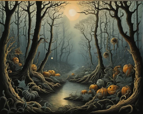 halloween illustration,halloween bare trees,halloween background,halloween scene,halloween poster,haunted forest,pumpkin autumn,halloween border,halloween ghosts,autumn pumpkins,jack-o'-lanterns,jack-o-lanterns,autumn forest,pumpkins,halloween pumpkins,halloween owls,halloween travel trailer,halloween and horror,decorative pumpkins,pumkins,Illustration,Retro,Retro 24