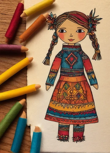 colourful pencils,folk costume,folk costumes,russian folk style,colored crayon,colored pencils,worry doll,traditional costume,color pencils,ethnic dancer,hanbok,colorful doodle,girl drawing,ethnic design,color pencil,babushka doll,tribal,sewing pattern girls,pencil color,boho art,Illustration,Children,Children 04