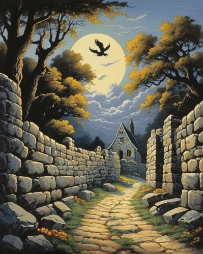david bates,church painting,stone wall road,witch's house,wall,cry stone walls,autumn landscape,stone wall,halloween scene,home landscape,the threshold of the house,stone houses,carol colman,background with stones,fantasy picture,the mystical path,stone house,rural landscape,ancient house,khokhloma painting,Illustration,Retro,Retro 18