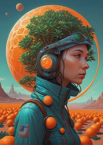 sci fiction illustration,astronaut helmet,astronaut,alien planet,scifi,earth rise,planet mars,red planet,space art,cosmonaut,tangerine tree,orange tree,science fiction,spacesuit,heliosphere,sci fi,mission to mars,girl with tree,gas planet,sci-fi,Conceptual Art,Daily,Daily 25