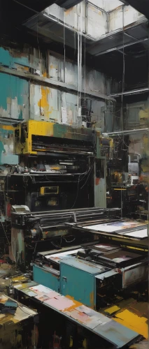 yellow machinery,workbench,machinery,steel mill,industrial landscape,bus garage,lathe,scrap yard,danger overhead crane,factory,metal lathe,boat yard,bandsaws,toolbox,workshop,locomotive shed,empty factory,salvage yard,jointer,manufacture,Conceptual Art,Oil color,Oil Color 01
