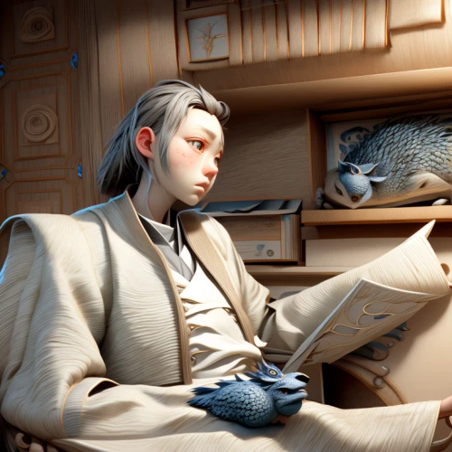 cullen skink,tea ceremony,male elf,librarian,bookworm,ryokan,wuchang,east siberian laika,girl studying,3d render,child with a book,sci fiction illustration,watchmaker,scholar,west siberian laika,3d rendered,male character,shimada,tailor,kitsune