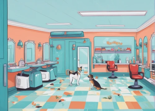 dog cafe,pet shop,soda shop,kennel club,soda fountain,laundromat,cat's cafe,laundry room,ice cream parlor,kennel,barber shop,barbershop,retro diner,animal shelter,dog school,color dogs,ice cream shop,laundry shop,pet supply,the little girl's room,Illustration,Abstract Fantasy,Abstract Fantasy 17