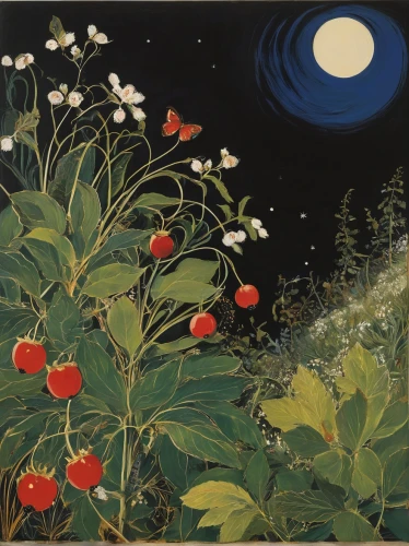 wild strawberries,garden cosmos,rosehips,moonlit night,moonflower,cosmos autumn,night scene,jasmine-flowered nightshade,flower garden,fireflies,flowers celestial,cosmos flowers,moon night,the night of kupala,fruit blossoms,secret garden of venus,cosmos field,mid-autumn festival,flowering plants,oriental painting,Illustration,Retro,Retro 21