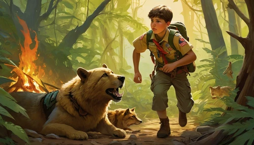 mowgli,zookeeper,cub,scouts,king of the jungle,boy and dog,boy scouts,forest animals,forest king lion,scout,boy scouts of america,ursa,safari,game illustration,sci fiction illustration,adventurer,bear guardian,forest animal,forest workers,jungle,Conceptual Art,Fantasy,Fantasy 18