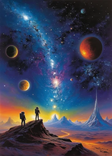 astronomers,space art,astronomy,planets,planetary system,universe,travelers,scene cosmic,astronomical,astronomer,exoplanet,planet eart,starscape,cosmos,the universe,cygnus,binary system,alien planet,saturnrings,andromeda,Illustration,Realistic Fantasy,Realistic Fantasy 32