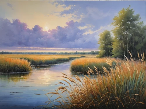 freshwater marsh,river landscape,salt meadow landscape,tidal marsh,meadow in pastel,meadow landscape,dutch landscape,wetlands,brook landscape,marsh,coastal landscape,reed grass,wetland,polder,landscape background,reeds,rural landscape,oil painting on canvas,nature landscape,home landscape,Illustration,Paper based,Paper Based 15