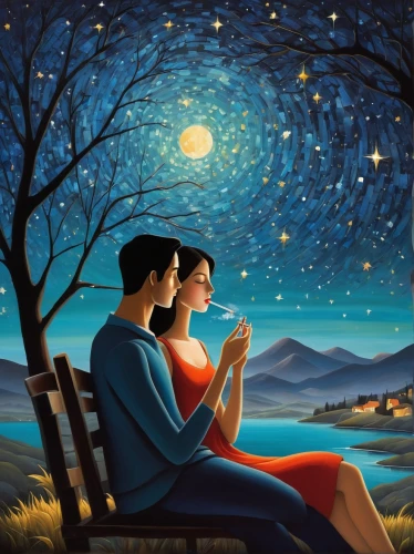 romantic scene,romantic night,young couple,astronomers,romantic portrait,night scene,the moon and the stars,serenade,stargazing,vintage couple silhouette,idyll,oil painting on canvas,honeymoon,sci fiction illustration,fantasy picture,art painting,as a couple,moonlit night,man and wife,two people,Art,Artistic Painting,Artistic Painting 29