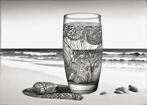 sand timer,water glass,sandglass,message in a bottle,mosaic glass,tea glass,slug glass,sand art,beach shell,glass cup,highball glass,beach glass,glassware,seashells,pint glass,glass series,sea shell,sea shells,beachcombing,salt glasses,Illustration,Black and White,Black and White 11