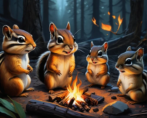 squirrels,chinese tree chipmunks,woodland animals,squirell,ground squirrels,rodentia icons,campfires,campfire,forest animals,sciurus,antelope squirrels,raccoons,rodents,anthropomorphized animals,the squirrel,chipmunk pokes,fireside,birch family,abert's squirrel,fox stacked animals,Conceptual Art,Fantasy,Fantasy 12