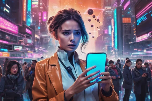 woman holding a smartphone,women in technology,cyberpunk,social media addiction,connected world,modern,dystopian,digital identity,tech trends,huawei,nokia,consumerism,futuristic,connectcompetition,android inspired,cyber,digital data carriers,cellular phone,of technology,samsung galaxy,Conceptual Art,Sci-Fi,Sci-Fi 04