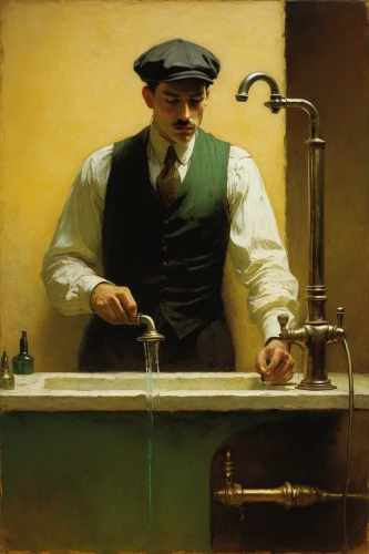 winemaker,faucets,faucet,plumbing,water tap,plumbing fixture,beer tap,kitchen sink,bartender,drinking fountain,sink,barman,plumber,hand washing,soap dispenser,washbasin,absinthe,mouthwash,watchmaker,basin,Art,Classical Oil Painting,Classical Oil Painting 44