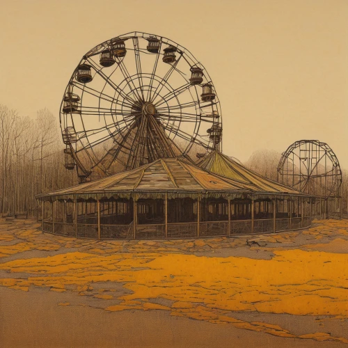 coney island,fairground,carousel,matruschka,prater,amusement park,paddlewheel,rosenblatt,annual fair,funfair,carnival tent,big top,circus tent,merry-go-round,luna park,high wheel,rust-orange,steve medlin,amusement ride,boardwalk,Conceptual Art,Oil color,Oil Color 16