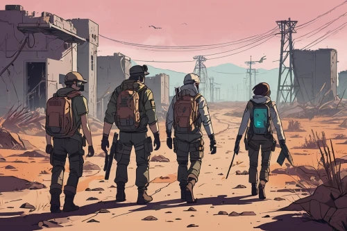 post apocalyptic,wasteland,travelers,post-apocalyptic landscape,digital nomads,nomads,post-apocalypse,colony,nomad,dystopian,fallout,cyberpunk,game illustration,sci fiction illustration,concept art,game art,pilgrims,fallout4,sand road,strays,Illustration,Japanese style,Japanese Style 06