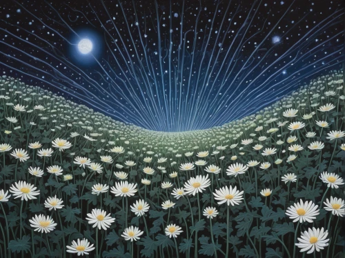 cosmos field,daisies,daisy flowers,dandelion meadow,dandelion field,meadow daisy,ox-eye daisy,white cosmos,sun daisies,cosmos wind,daisy flower,dandelion flying,oxeye daisy,dandelions,blooming field,mayweed,australian daisies,cosmic flower,blue daisies,celestial chrysanthemum,Illustration,Realistic Fantasy,Realistic Fantasy 11