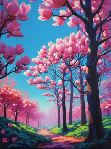 magnolia trees,sakura trees,blooming trees,springtime background,cherry trees,purple landscape,mushroom landscape,flowering trees,japanese sakura background,pink magnolia,spring background,forest landscape,cherry blossom tree,sakura tree,spring blossom,blossom tree,landscape background,takato cherry blossoms,flower painting,magnolia tree,Conceptual Art,Fantasy,Fantasy 19