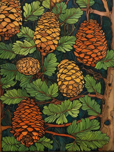 pinecones,pine cones,fruit pattern,pine cone pattern,pineapple pattern,khokhloma painting,patterned wood decoration,embroidered leaves,forest fruit,douglas fir cones,basket of fruit,pinecone,woodcut,acorn cluster,pine cone,fruit tree,ananas,conifer cones,fruiting bodies,spruce cones,Illustration,Retro,Retro 05