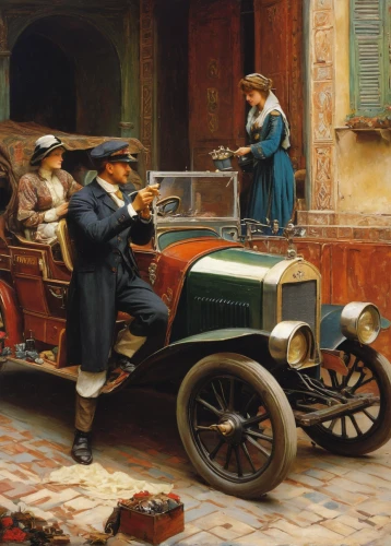 car service,steam car,antique car,emile vernon,asher durand,newspaper delivery,car repair,talbot,vintage cars,motor car,delivering,ford motor company,street musicians,vintage art,ford model t,chauffeur car,itinerant musician,italian painter,car salon,violone,Art,Classical Oil Painting,Classical Oil Painting 42