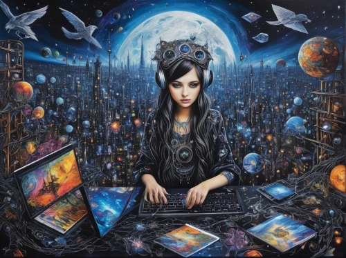 girl at the computer,fantasy art,mystical portrait of a girl,callisto,synthesizer,electronic music,cyberspace,astral traveler,music background,sci fiction illustration,night administrator,psychedelic art,computer art,other world,musical background,trip computer,zodiac sign libra,divination,connected world,indigo,Illustration,Abstract Fantasy,Abstract Fantasy 14