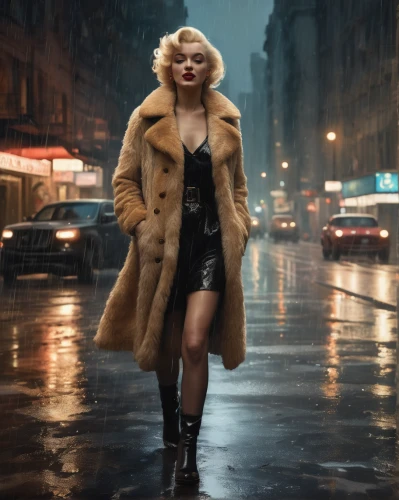 marilyn monroe,marylyn monroe - female,cruella de ville,femme fatale,cruella,marylin monroe,marilyn,new york streets,birds of prey-night,fur coat,a woman,blonde woman,film noir,gena rolands-hollywood,trench coat,vanity fair,coat,overcoat,fur clothing,woman in menswear,Photography,General,Cinematic