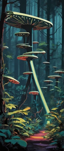 mushroom landscape,forest mushrooms,forest mushroom,fairy forest,mushroom island,futuristic landscape,forest fish,forest,mushrooms,forest floor,the forest,forest glade,haunted forest,enchanted forest,forest landscape,forests,forest of dreams,cartoon forest,rain forest,fungi,Illustration,Retro,Retro 12