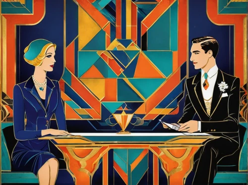 roaring twenties couple,art deco woman,art deco,art deco background,art deco frame,flapper couple,art deco ornament,roaring twenties,vintage man and woman,twenties of the twentieth century,roaring 20's,twenties,clue and white,twenties women,1920s,vintage illustration,suit of spades,art deco border,playing cards,coffee tea illustration,Illustration,Vector,Vector 16