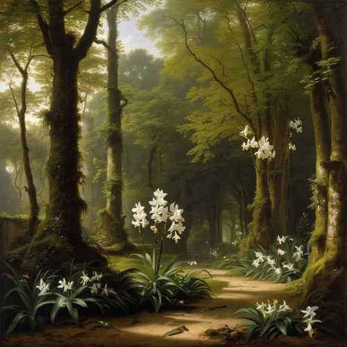 forest landscape,lilies of the valley,forest path,robert duncanson,lilly of the valley,forest glade,brook landscape,lily of the valley,fairy forest,still life of spring,chestnut forest,dutch landscape,forest flower,forest background,palm lilies,green forest,forest floor,woodland,andreas achenbach,greenforest,Art,Classical Oil Painting,Classical Oil Painting 41